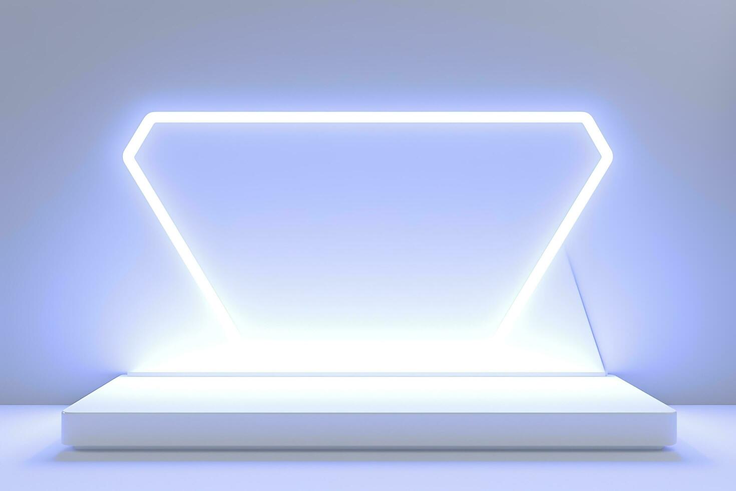 Realistic podium display with neon white lights, Product display background with light frame, White prodium product display with light effect, neon lights background, generate ai photo