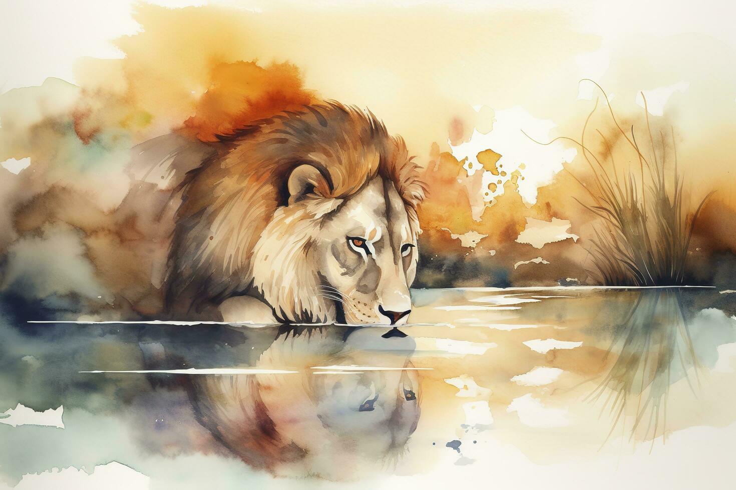 A lion drinking from a river at sunset watercolor painting, beautiful natural forms, crisp clean shapes, colorful, white background , generate ai photo