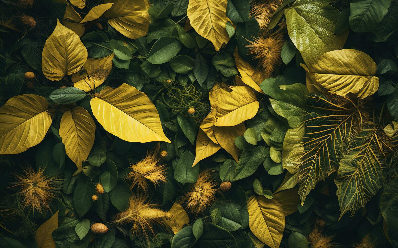 Foliage background with a variety of vibrant plant leaves showing a diverse ecosystem and the biodiversity of nature with unique gold plant leaves.  Earth day background. , generate ai photo