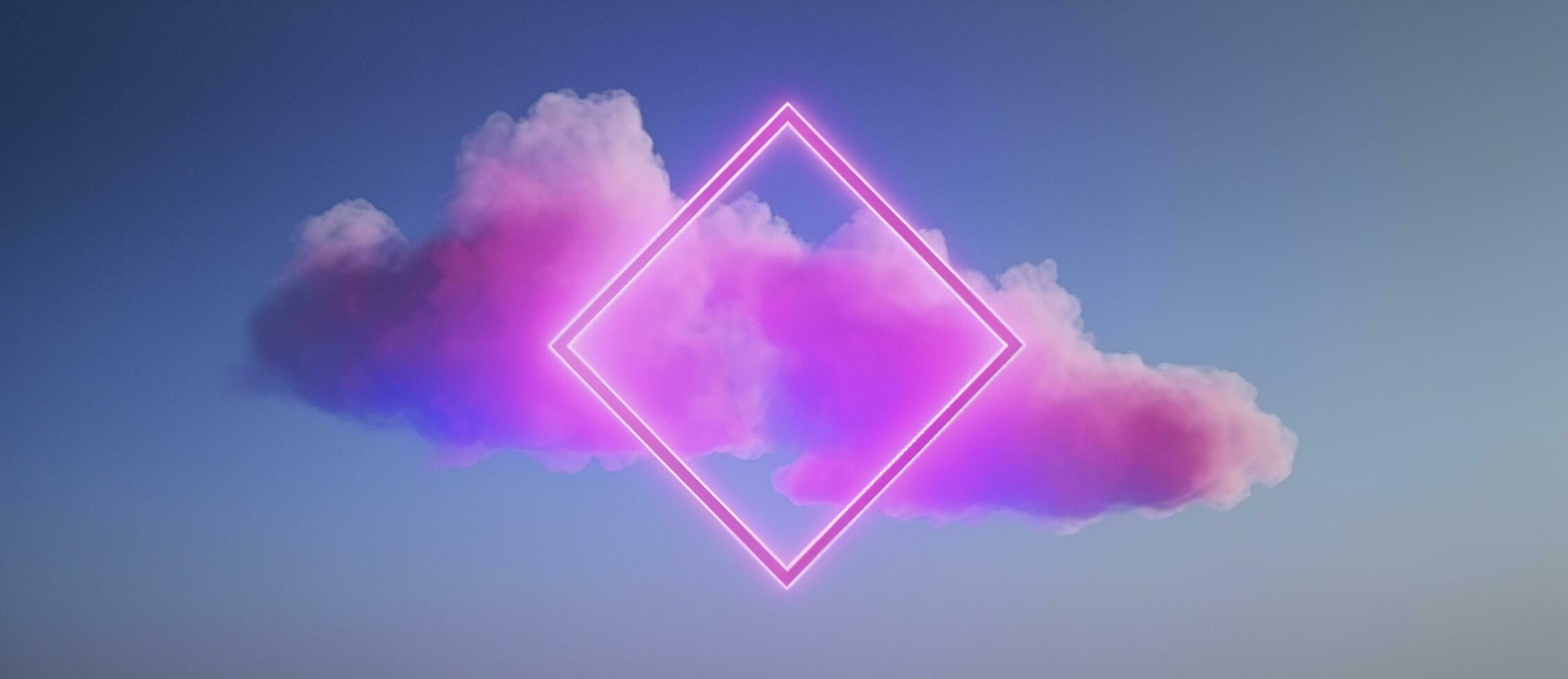 3d render, abstract minimal background with pink blue yellow neon light square frame with copy space, illuminated stormy clouds, glowing geometric shape, generate ai photo