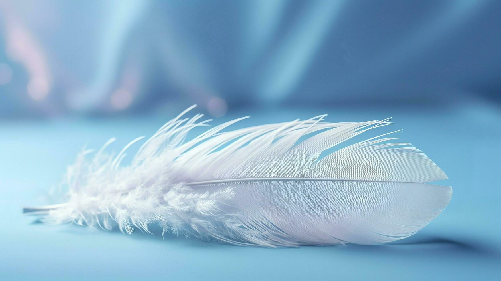 a bright blue background with one white feather, in the style of soft and dreamy pastels, glimmering light effects, nature inspired imagery, fairycore, soft focal points, generate ai photo