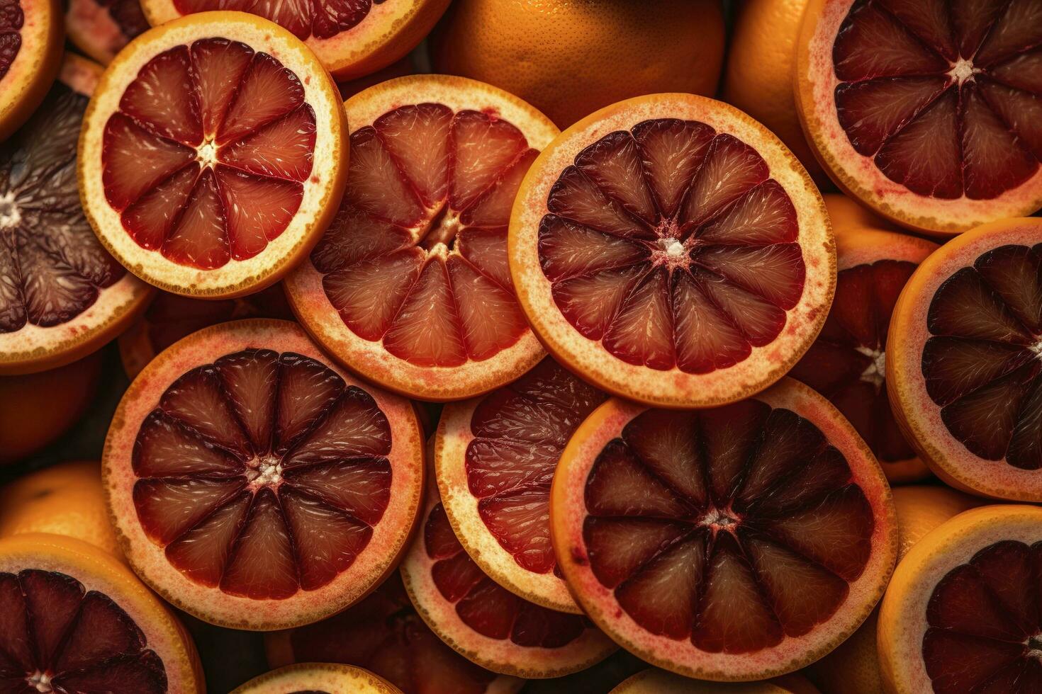 Many slices of juicy blood orange fruits as background, generate ai photo