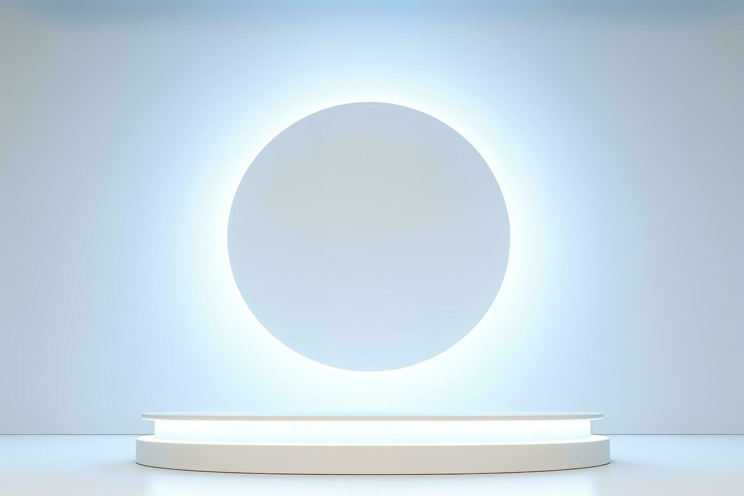Abstract 3D silver cylinder pedestal podium floating on air with glowing neon ring background. Silver wall scene for product display presentation. rendering geometric platform, generate ai photo