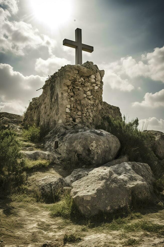 crucifixión de Jesús Cristo - cruzar a atardecer, generar ai foto