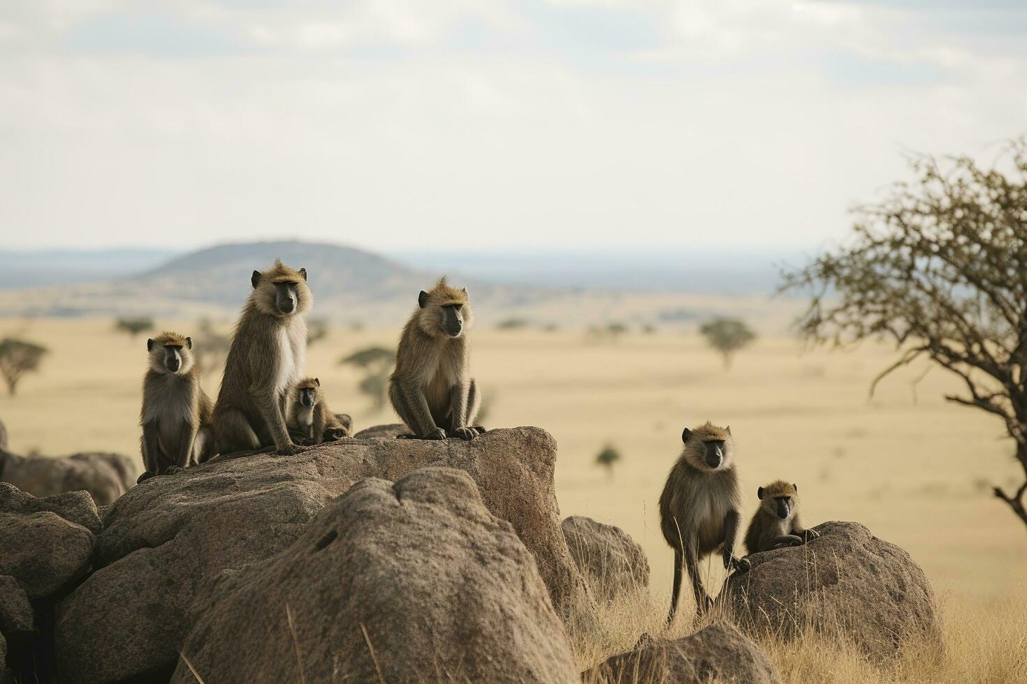 A family of baboons perched on a rocky, generate ai photo