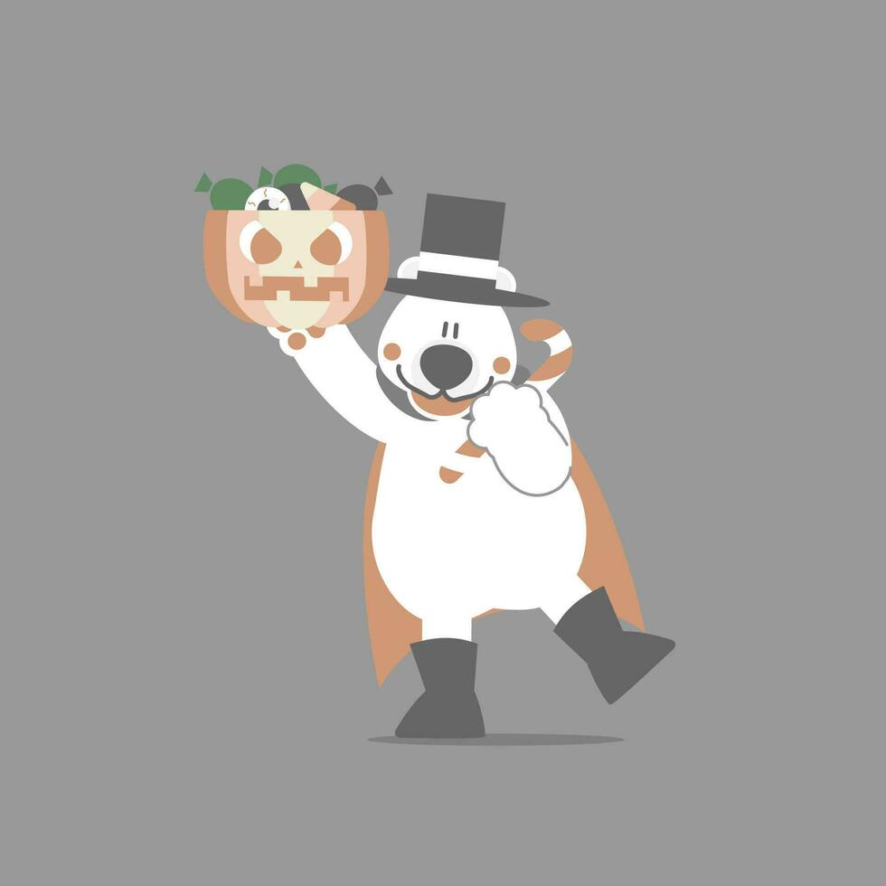 happy halloween holiday festival with polar bear and pumpkin and candy cane, flat vector illustration cartoon character design