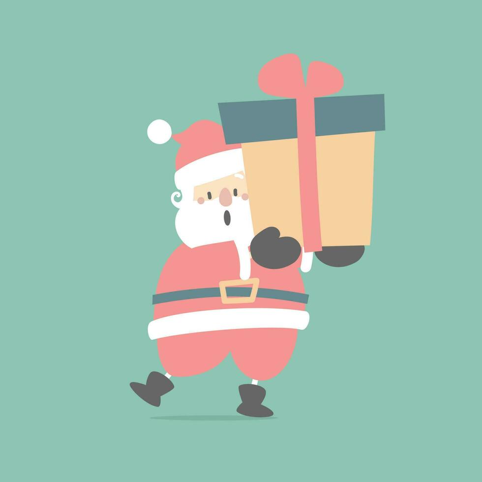 feliz navidad y feliz año nuevo con lindo santa claus y regalo presente en la temporada de invierno fondo verde, ilustración vectorial plana diseño de vestuario de personaje de dibujos animados vector