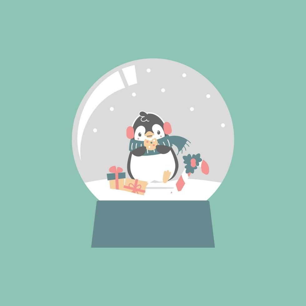alegre Navidad y contento nuevo año con linda pingüino, caramelo caña y presente regalo en cristal pelota, plano vector ilustración dibujos animados personaje disfraz diseño