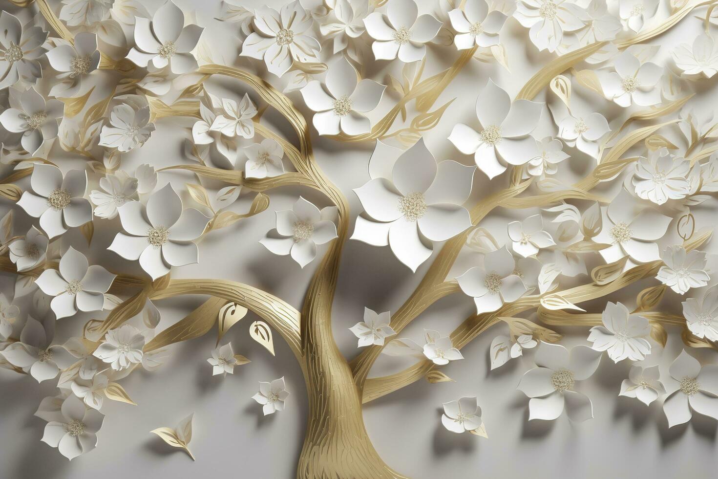 3d wallpaper floral tree background with white flower leaves and golden stem. interior wall home decor, generate ai photo