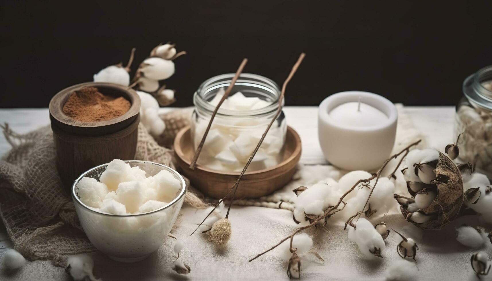 Basic set for home-made natural white eco soy wax candles in glass, wick, perfume. Idea for a hobby, business. Making trendy diy candles without harm to health on white background, generate ai photo