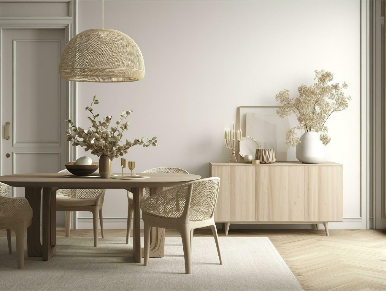 Cozy dining room interior in beige, 3d render, generate ai photo
