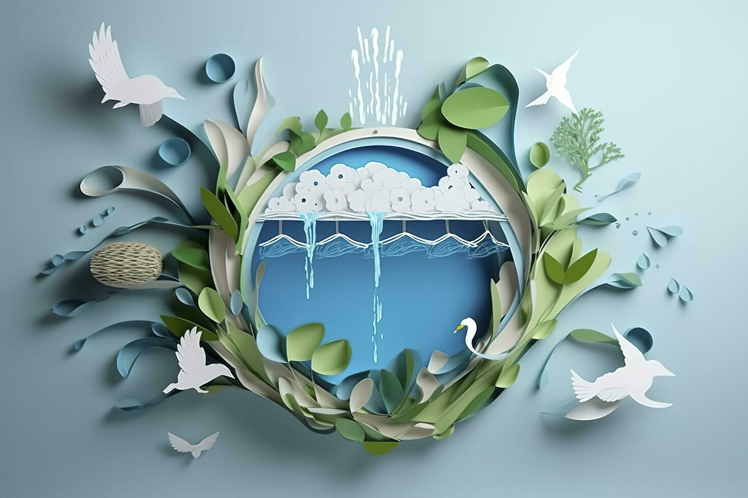 Paper art , Environmental protection and save earth water , Ecology and world water day , Saving water and world Environment day , Generate Ai photo