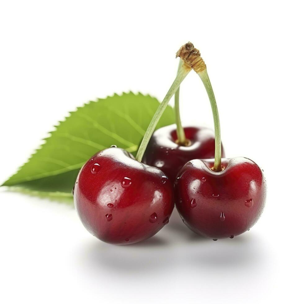 Cherry with leaf isolated on white background, generate ai photo