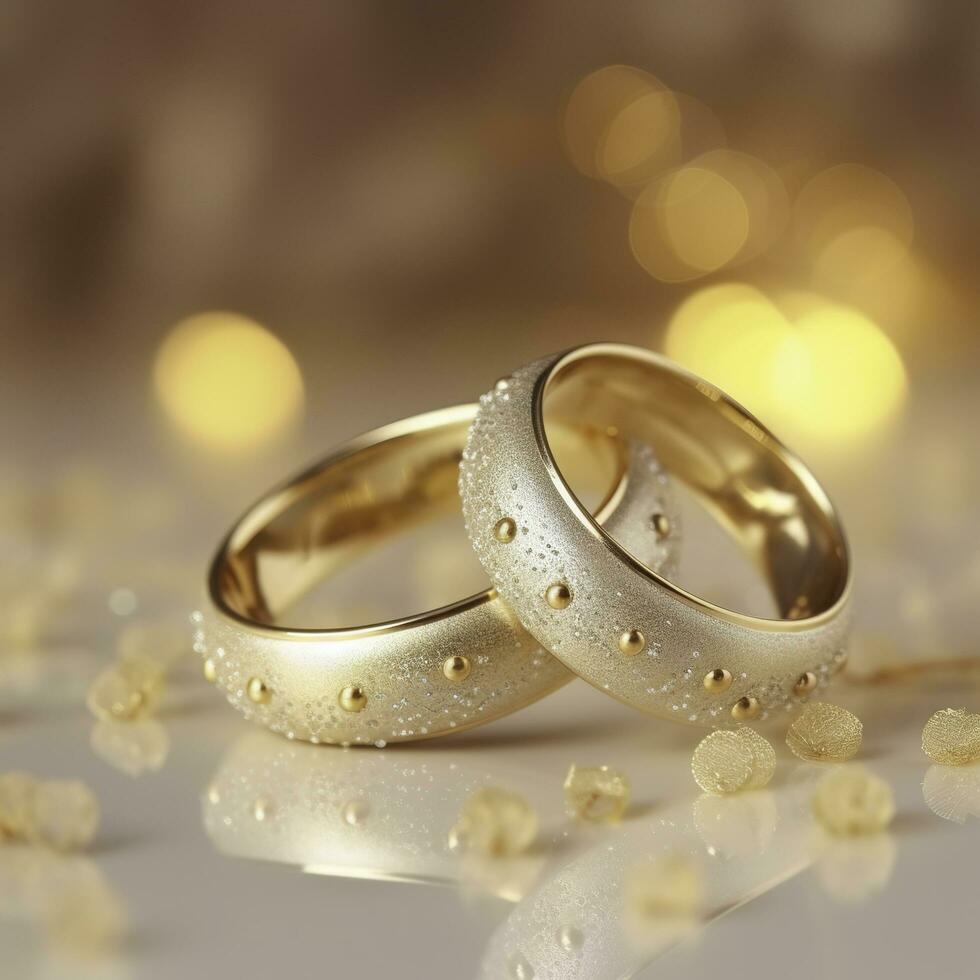 elegante amor antecedentes - dos dorado anillos y decoraciones , generar ai foto