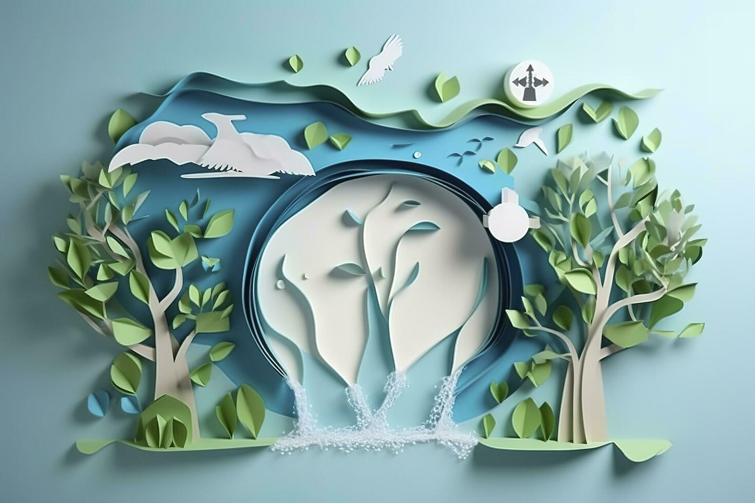 Paper art , Environmental protection and save earth water , Ecology and world water day , Saving water and world Environment day , Generate Ai photo