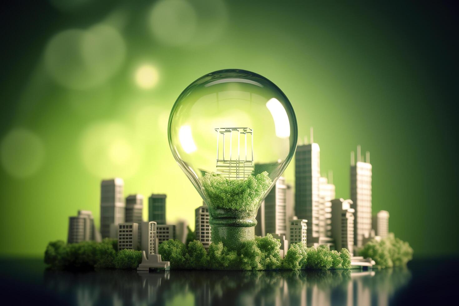 Energy consumption and CO2 gas emissions are increasing light bulbs with green eco city, Renewable energy by 2050 Carbon neutral energy, Save energy creative idea concept, . photo