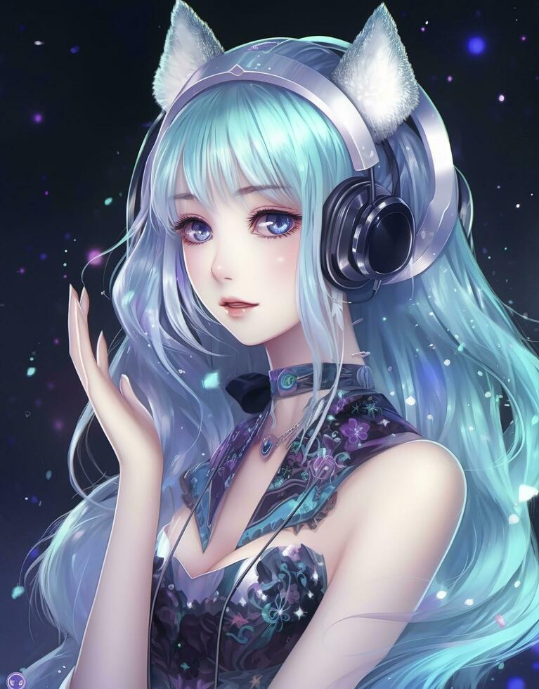 Beautiful anime girl, listening to lofi hip hop music with headphones, generate ai photo
