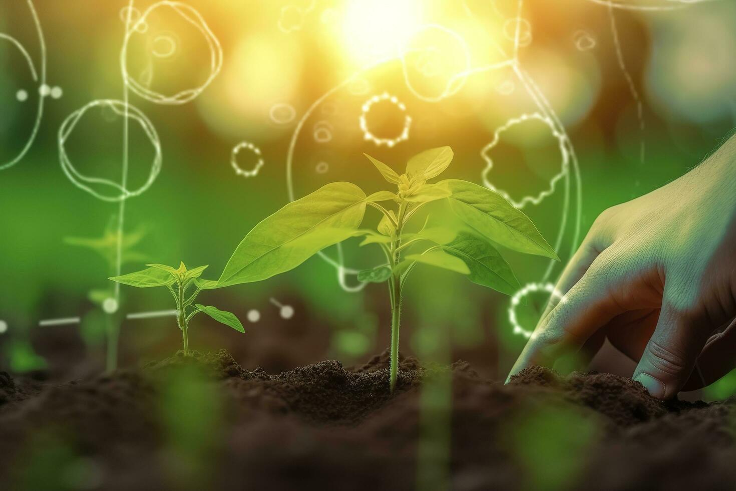 Agricultural technologies for growing plants and scientific research in the field of biology and chemistry of nature. Living green sprout in the hands of a farmer, generate ai photo