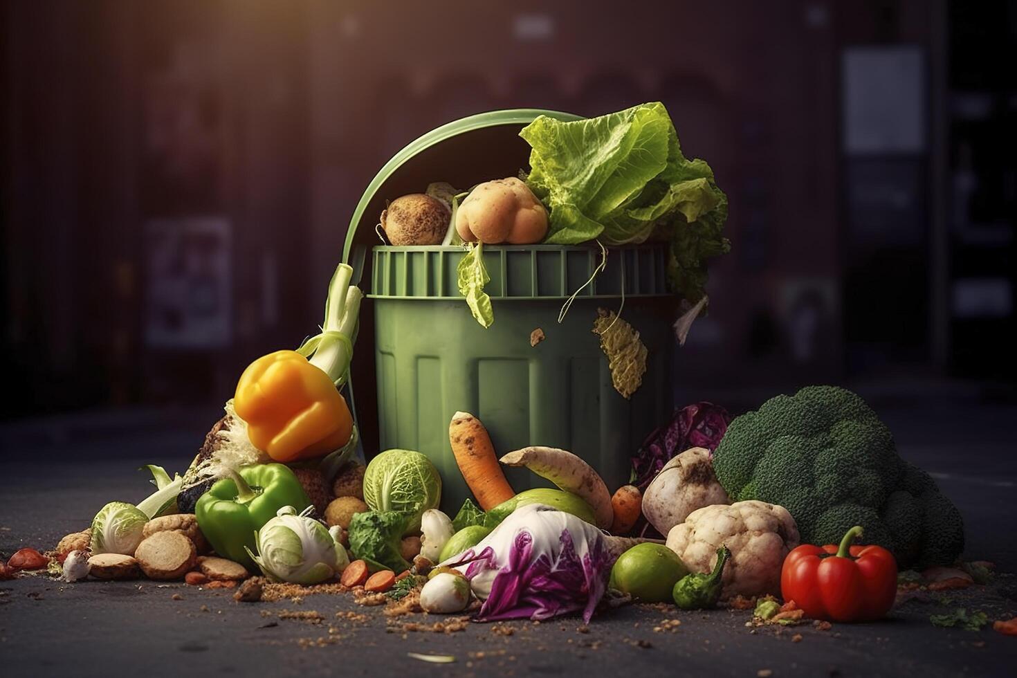 Uneaten unused spoiled vegetables thrown in the trash container. Food loss and food waste. Reducing wasted food, composting, rotten veggies in a trash. . photo