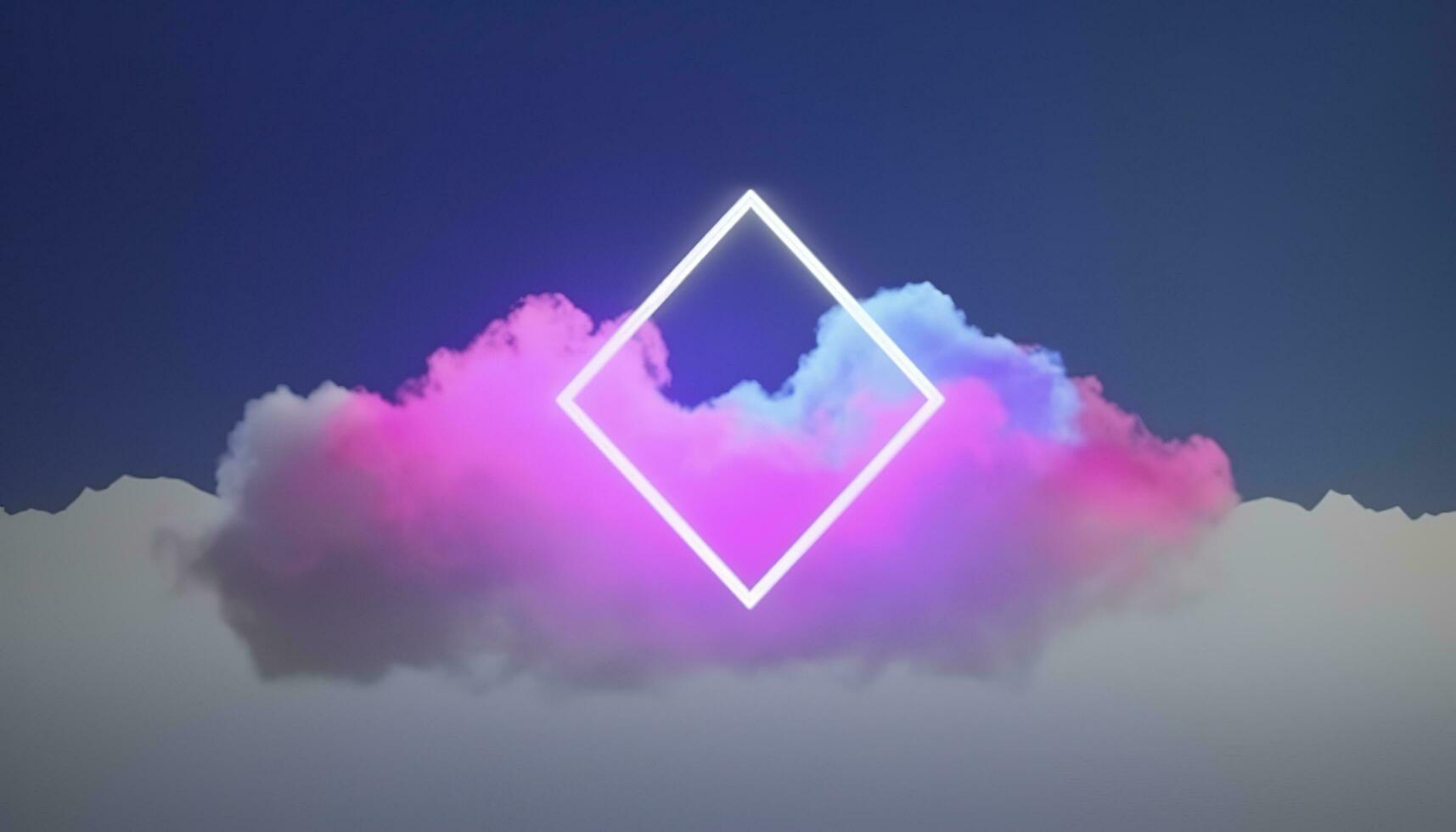 3d render, abstract minimal background with pink blue yellow neon light square frame with copy space, illuminated stormy clouds, glowing geometric shape, generate ai photo