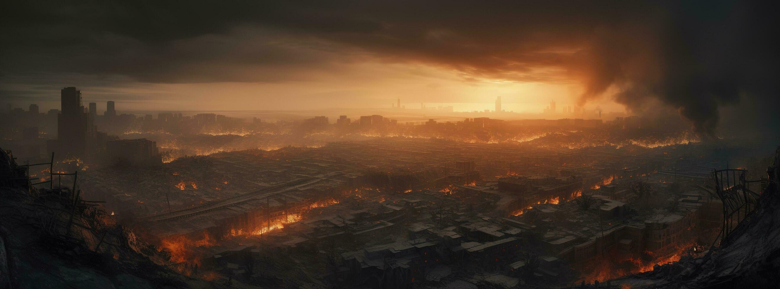 Post apocalypse. Nuclear apocalypse survivor. Ruined Cityscape. Concept. Banner size. Header, generate ai photo