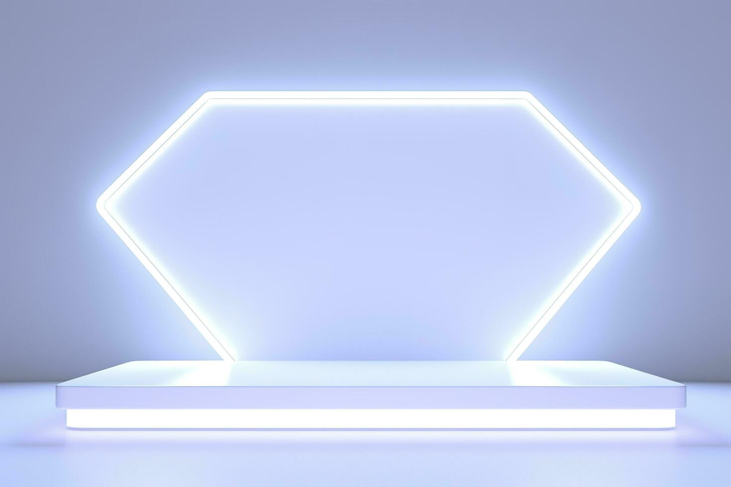 Realistic podium display with neon white lights, Product display background with light frame, White prodium product display with light effect, neon lights background, generate ai photo