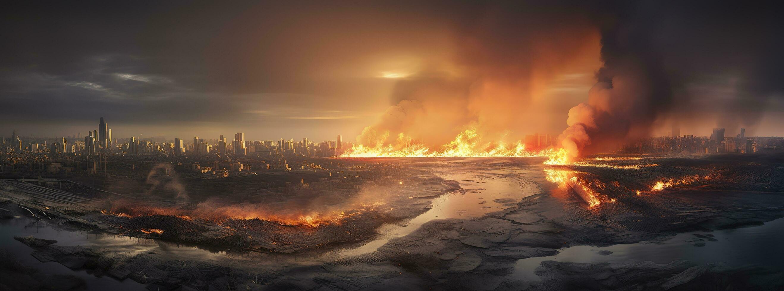 Post apocalypse. Nuclear apocalypse survivor. Ruined Cityscape. Concept. Banner size. Header, A nuclear explosion in the center of the metropolis. The beginning of apocalyptic, generate ai photo
