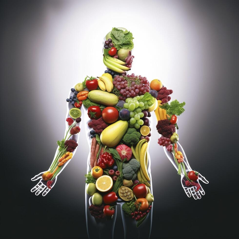 Fresco comida en humano cuerpo , nutrición para humano , generativo ai foto