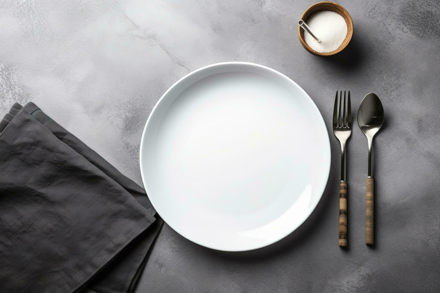 White plate and cutlery on stone table. Table setting, flat lay image, generate ai photo