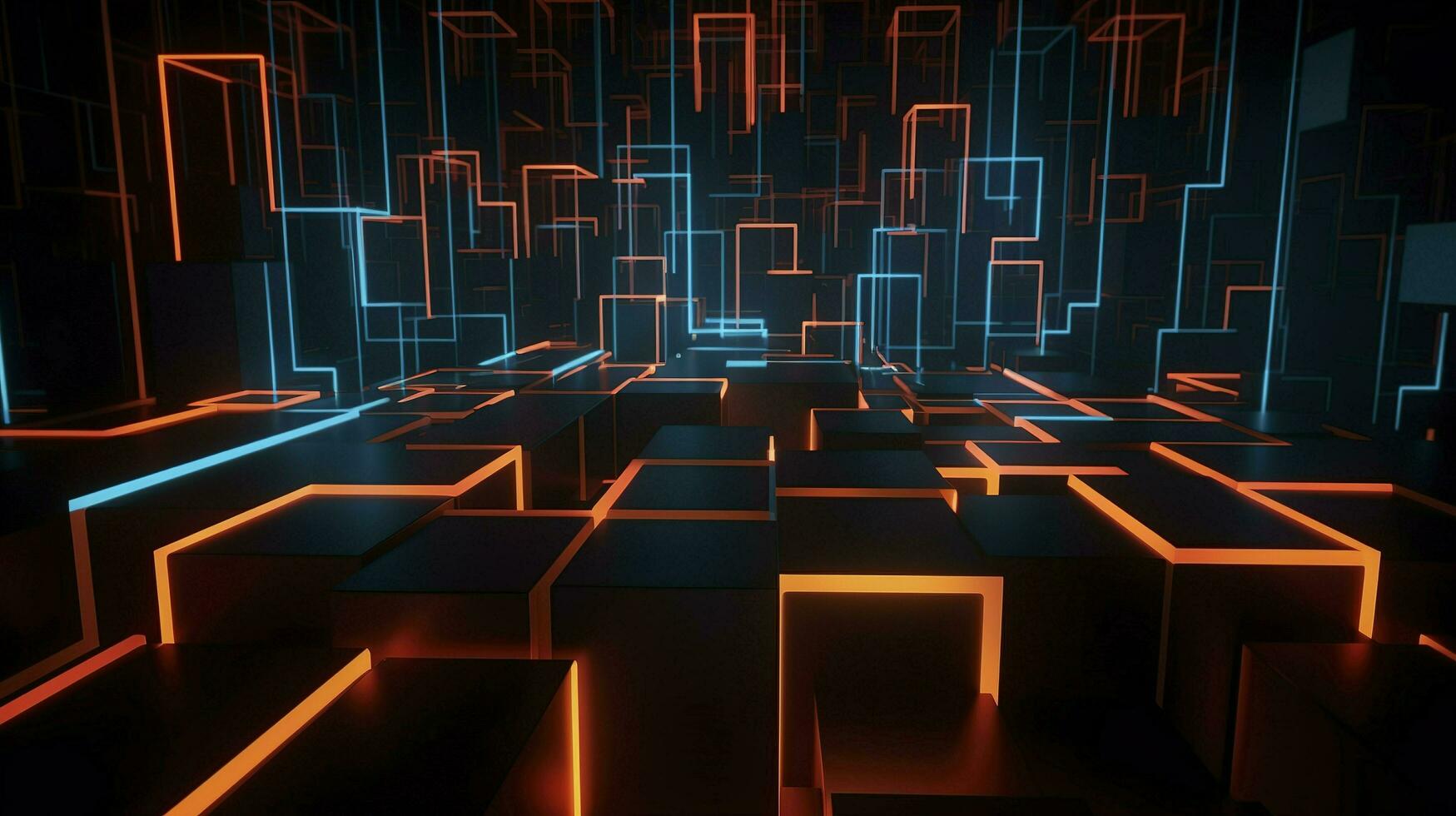 digital cg background, cg backgrounds sci-fi backgrounds, in the style of futuristic geometric abstraction, dark orange and light cyan, 32k UHD, neon, and fluorescent light, generat ai photo
