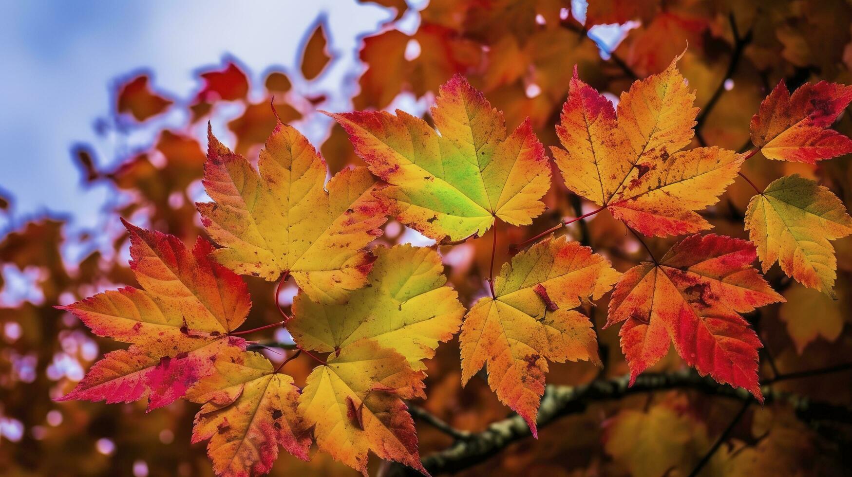 Beautiful autumn landscape with. Colorful foliage in the park. Falling leaves natural background, generate ai photo