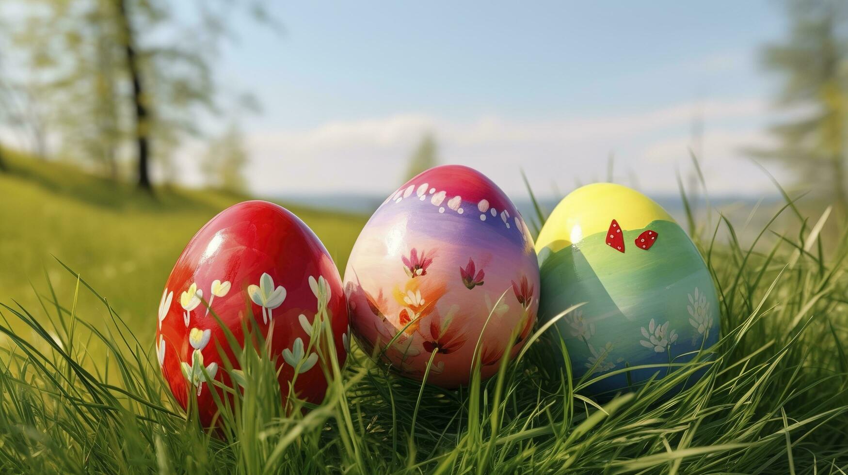 Photo of colored easter eggs laying in grass outside, generate ai