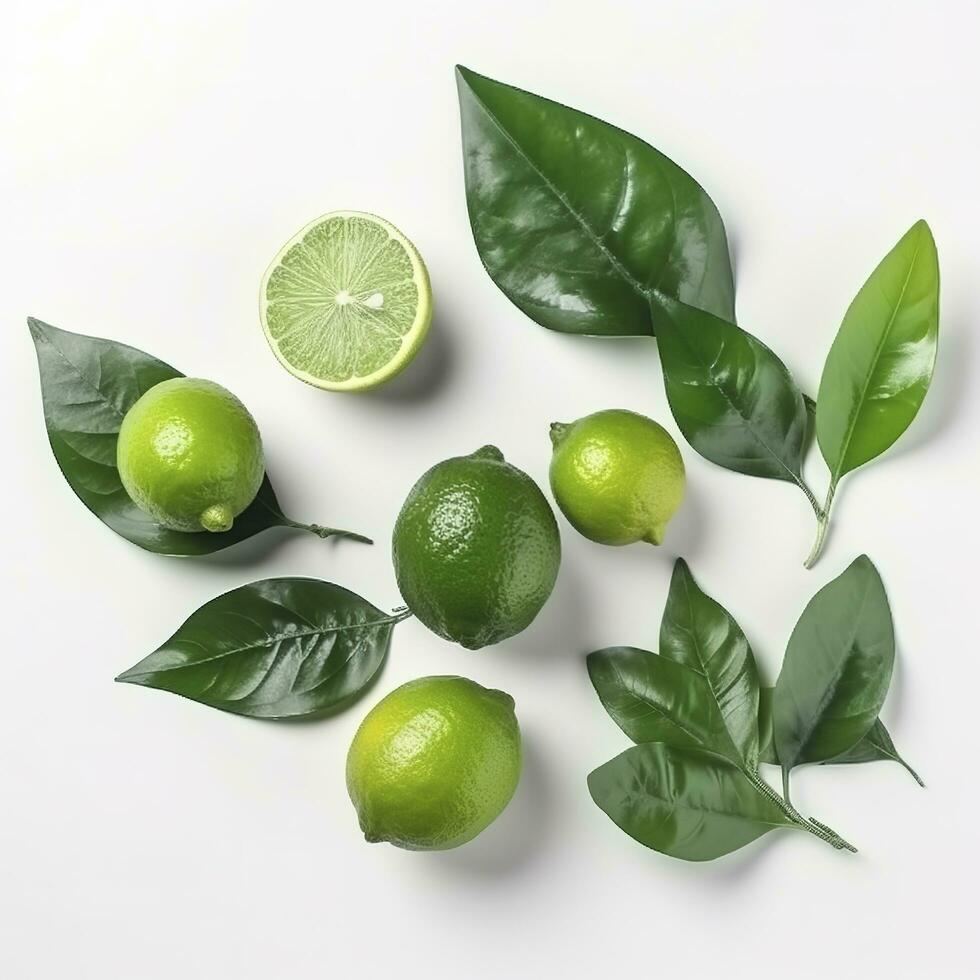 Fresh lemon with green leaves isolated on white background, generate ai photo