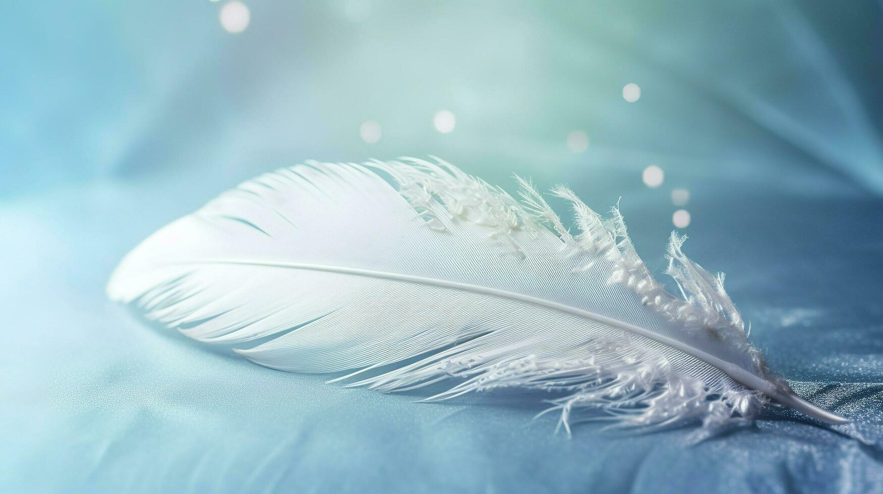 a bright blue background with one white feather, in the style of soft and dreamy pastels, glimmering light effects, nature inspired imagery, fairycore, soft focal points, generate ai photo