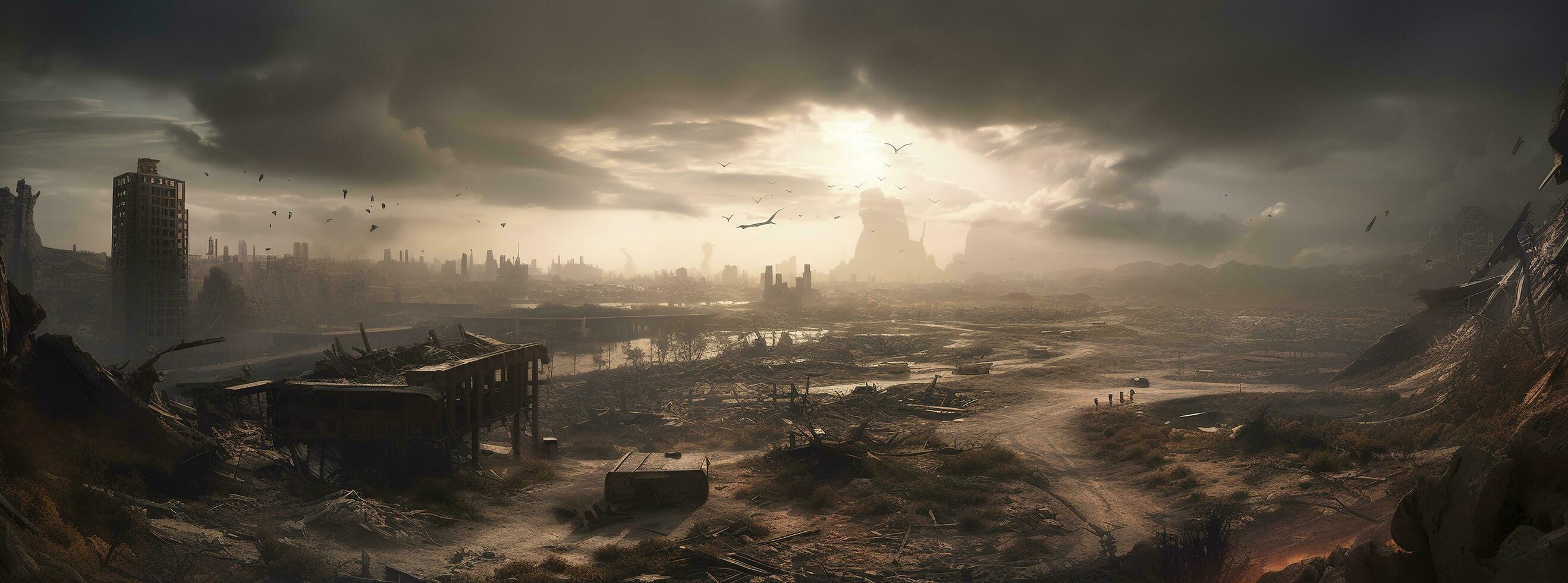 Lost civilization future dystopian landscape 3d illustration, generate ai photo