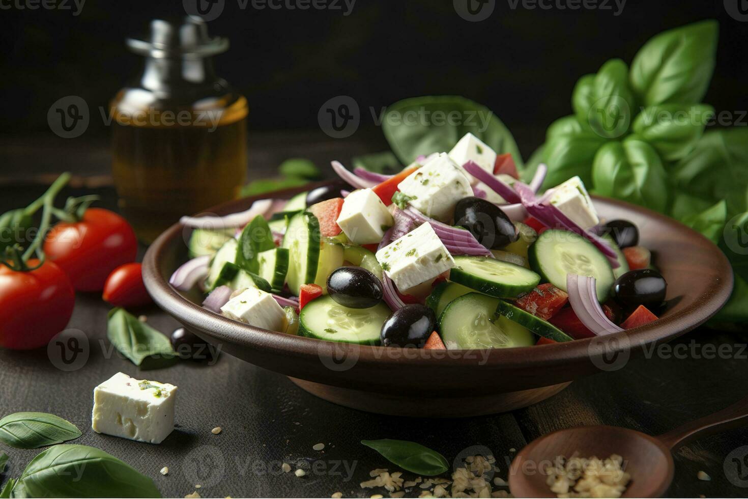 Greek salad with fresh vegetables, feta cheese, kalamata olives, dried oregano, red wine vinegar and olive oil. Healthy food, generate ai photo