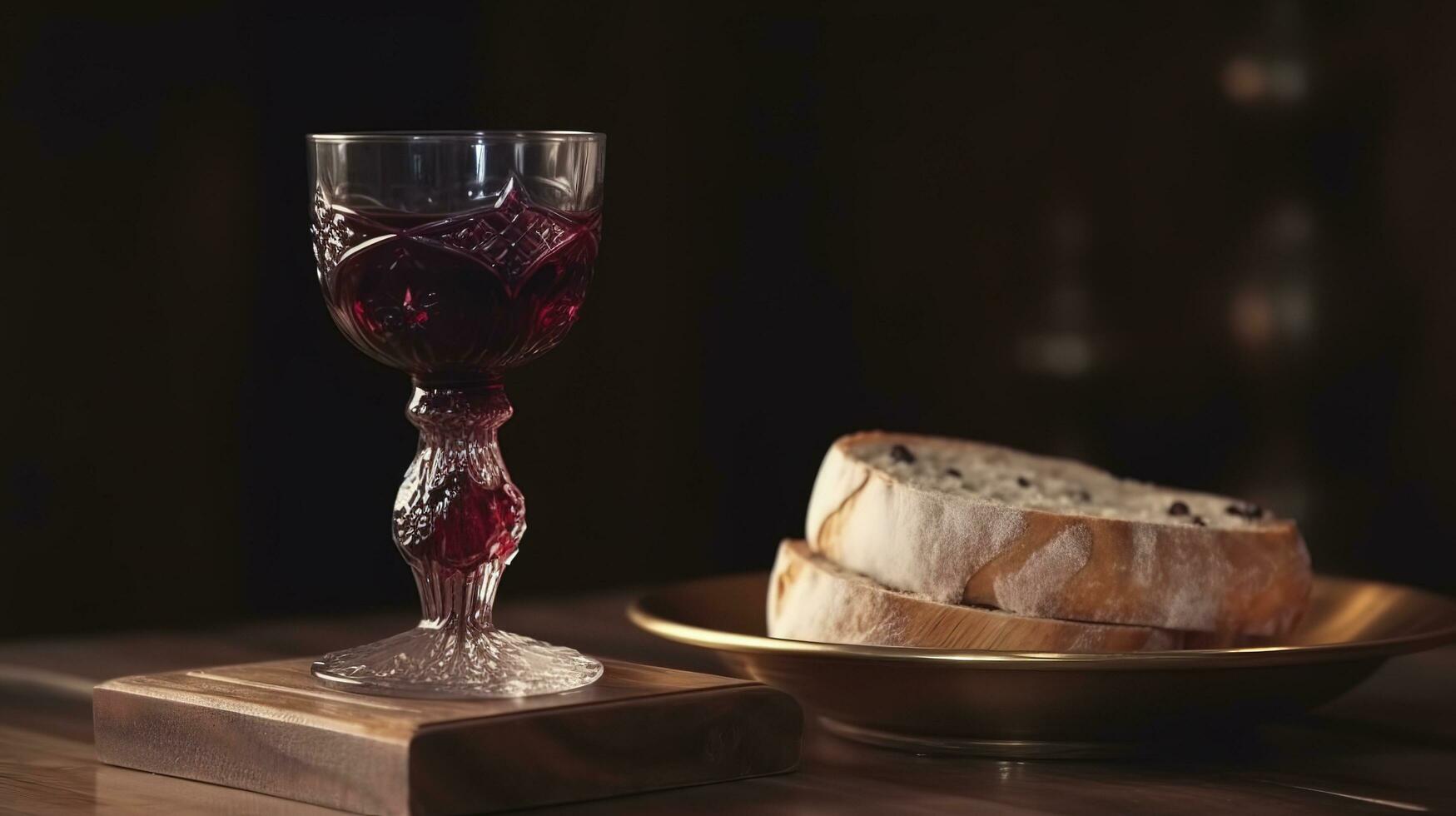 adjariano Khinkali y khachapuri con vino y salsa en un de madera mesa y soportes, generar ai foto