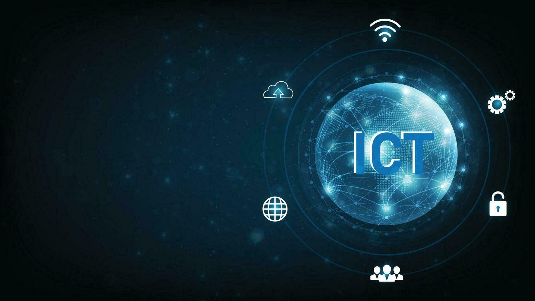 Information and communication technology ICT concept.Information and communication technology on dark blue background.Wireless communication network. Intelligent system automation. vector