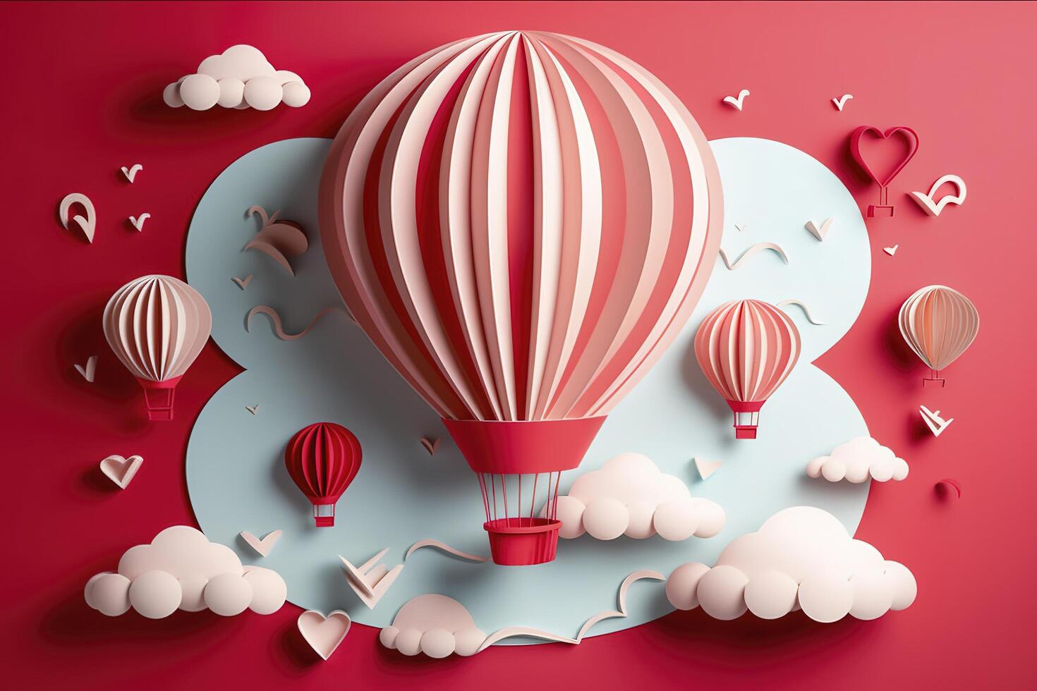 Paper cut style, valentine day with heart balloon and love, photo