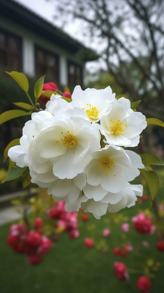 Chinese Suzhou garden, yellow red white begonia flower, petals high definition, detail, full of flowers, beautiful, background clearly visible white fence and windows, generate ai photo