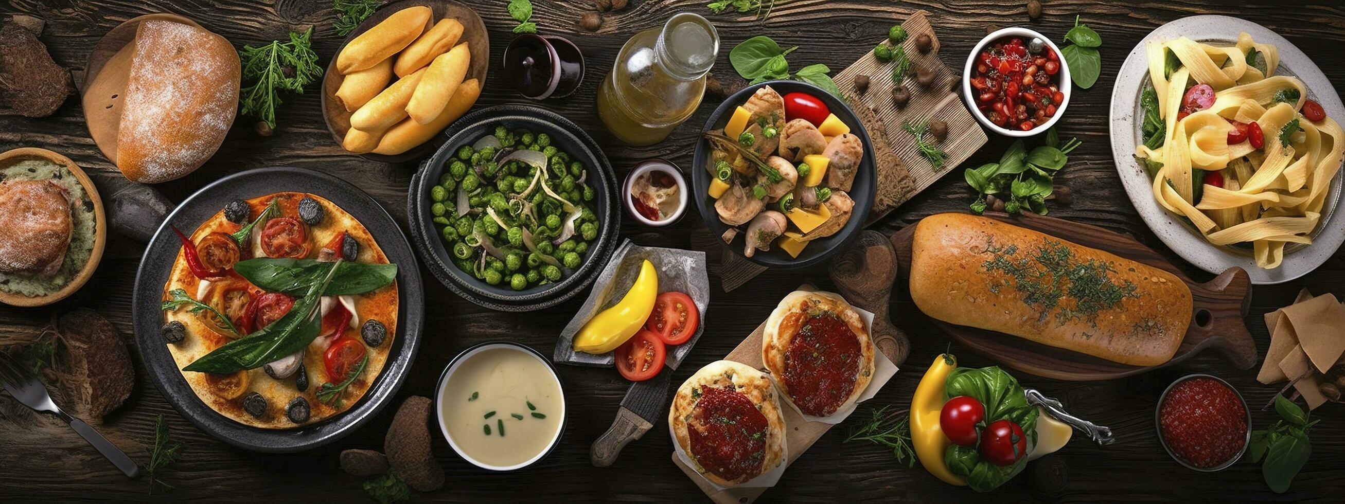 Table scene with a selection of delicious foods. Top view over a dark wood banner background, generate ai photo