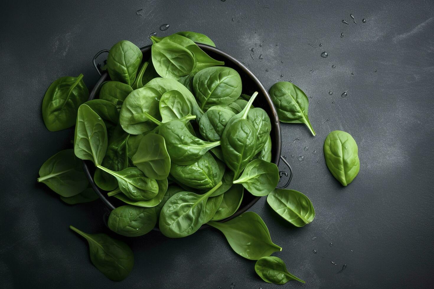 Fresh organic baby spinach leaves. Top view with copy space, generate ai photo