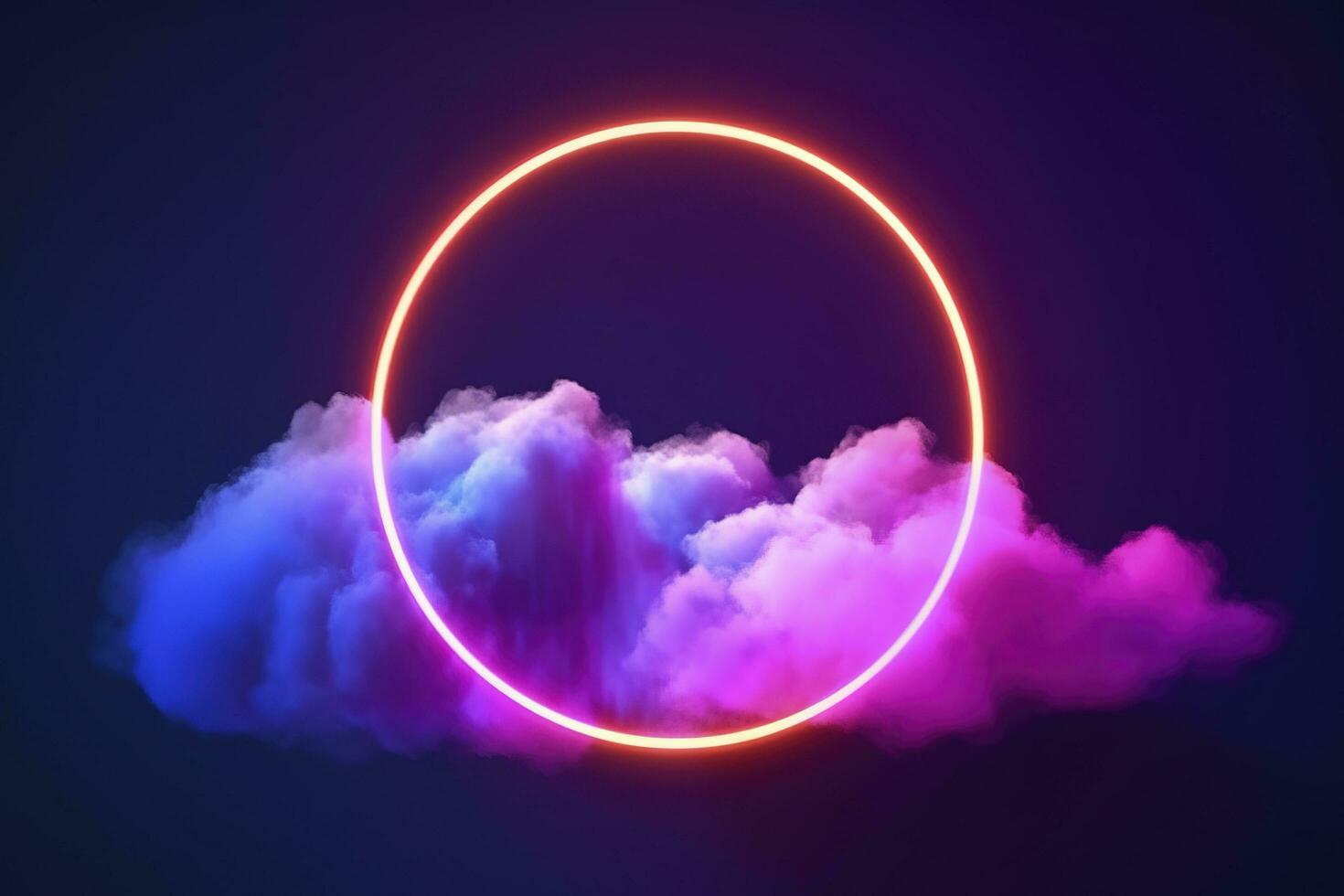3d render, abstract cloud illuminated with neon light ring on dark night sky. Glowing geometric shape, round frame, generate ai photo