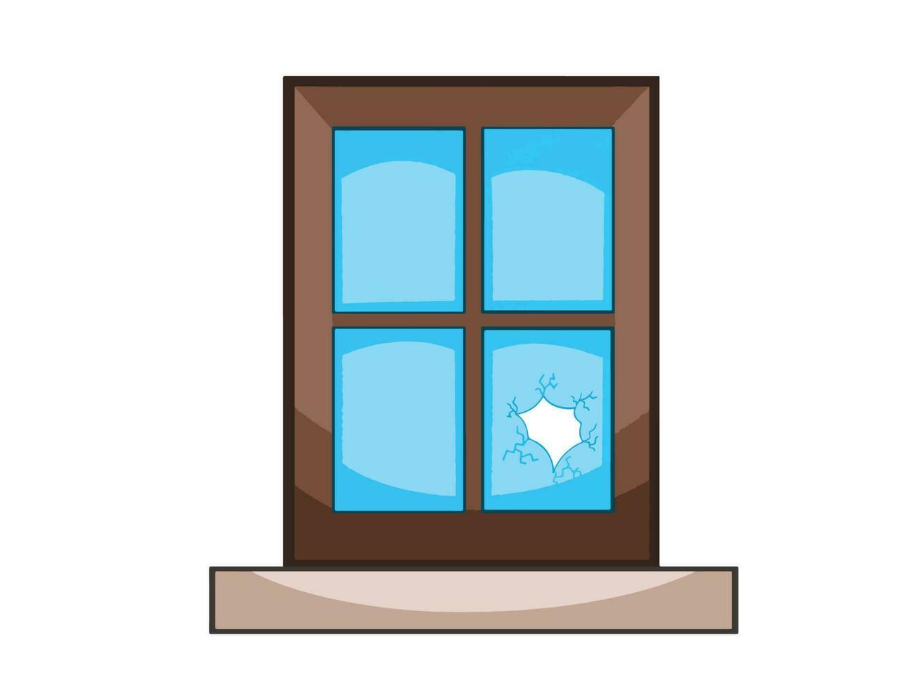 Brown framed window with one broken or crashed glass hole vector illustration isolated on white horizontal background. Simple flat outlined cartoon art styled drawing.