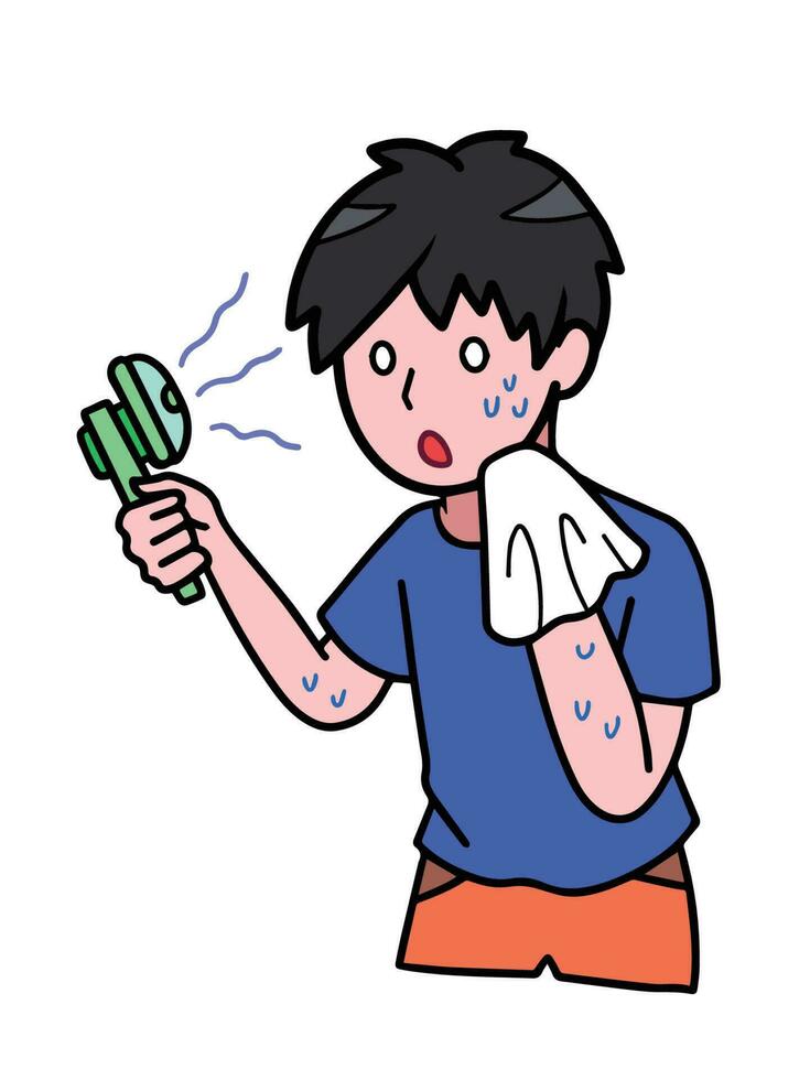 Young cartoon boy with blue shirt is feeling hot from hot temperature while holding hand fan and wiping sweat vector illustration. Simple flat outlined cartoon art style.