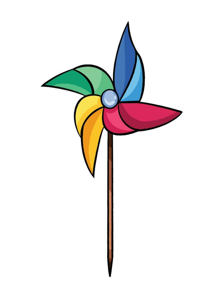 Colorful paper on wood stick pin wheel toy with outlined cartoon styled vector illustration isolated on vertical white background. Simple flat outlined cartoon art styled drawing.
