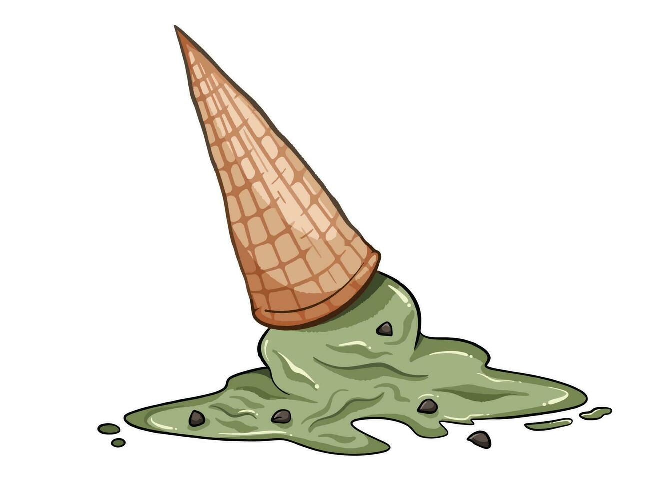 Fallen down matcha ice cream. Melting beige and sage colored summer cold food vector illustration isolated on white horizontal background. Simple flat outlined cartoon art styled drawing.