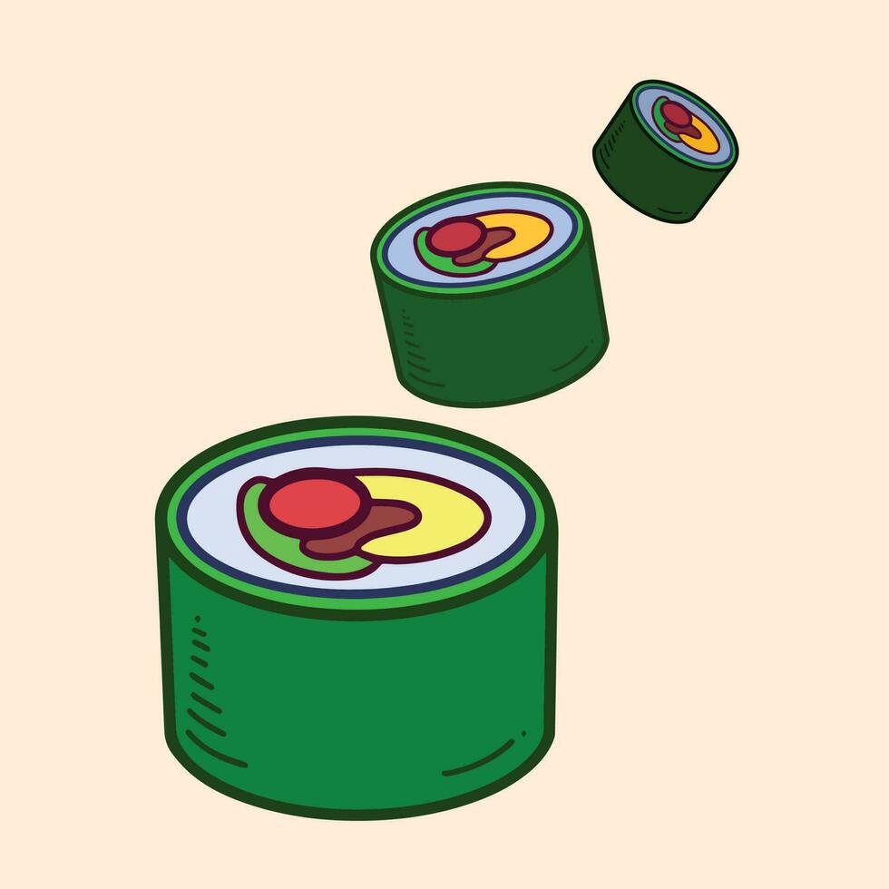 Three sushi with different sequence from far distant to closer view. Food vector illustration isolated on cream colored square background. Simple flat art styled cartoon drawing.