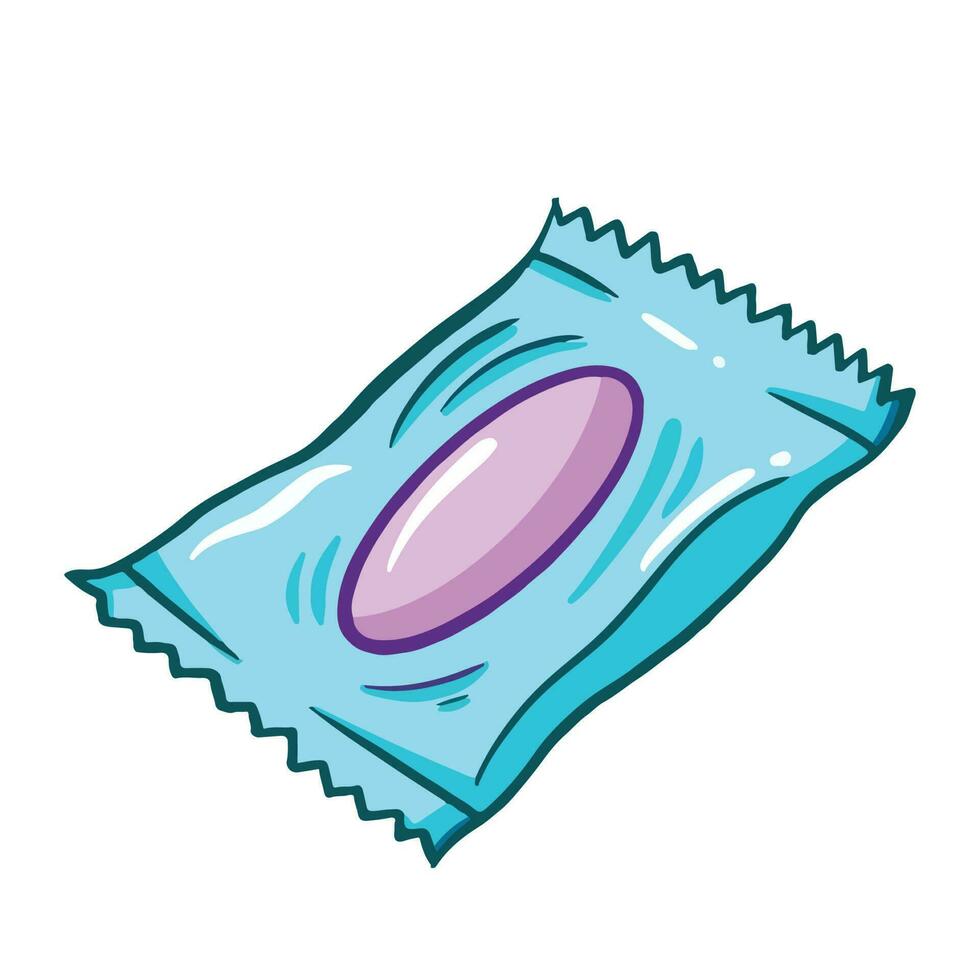 Blue modern pabric produced candy with purple elipse decoration vector illustration isolated on square white background. Simple flat sugary sweet food with outlined cartoon art style drawing.