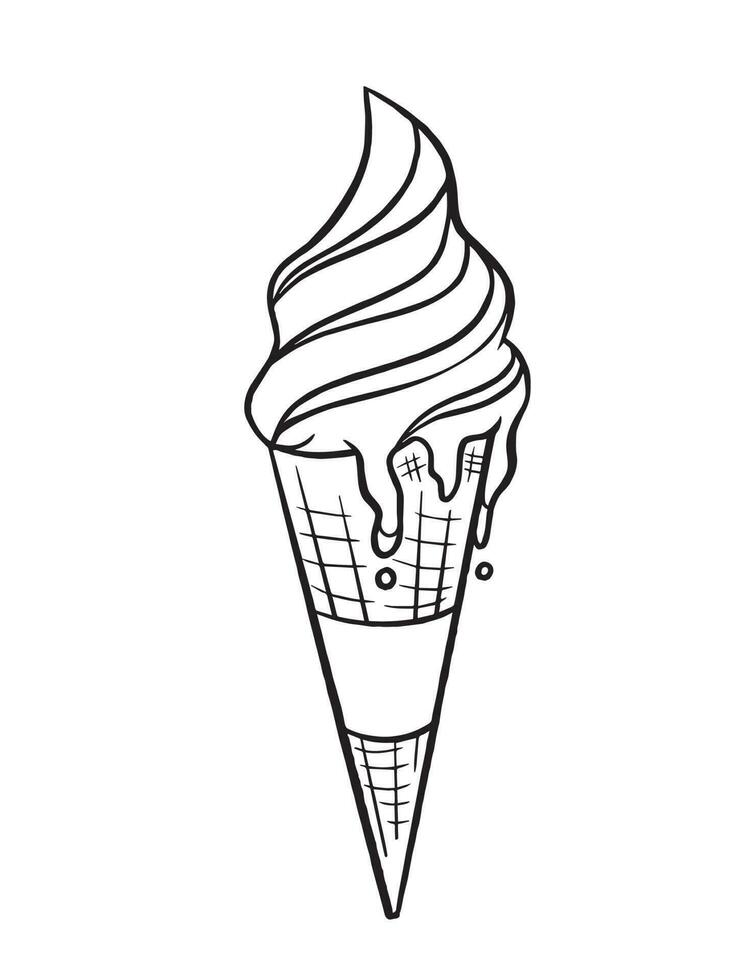 Ice cream spilling black and white outline only vector illustration isolated on vertical white background. Simple flat cartoon drawing for coloring books.